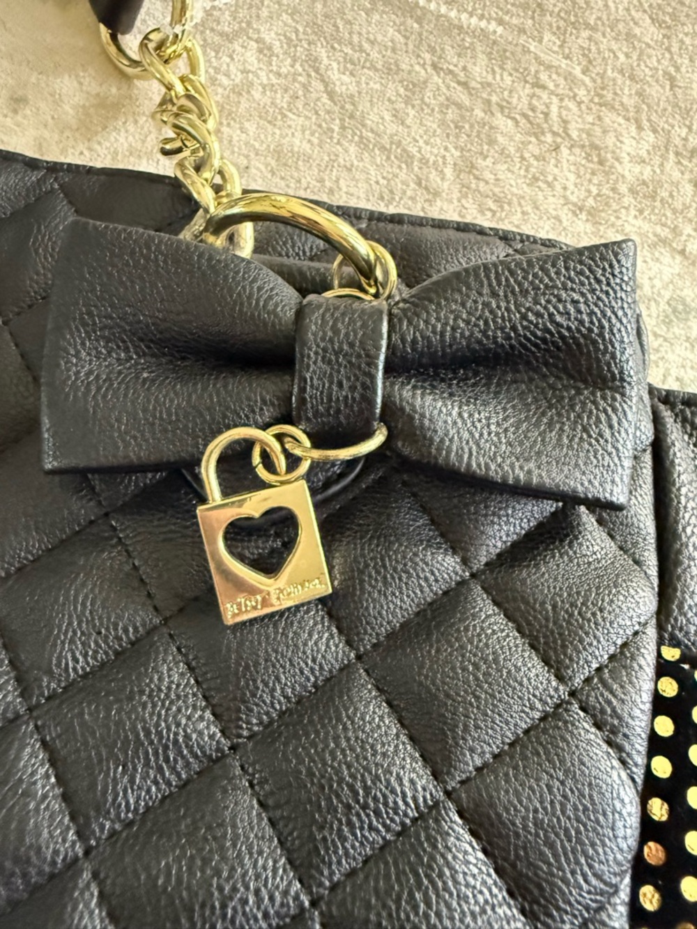 Betsey Johnson Black Tie Affair Quilted Tote - Gold Stud Details, Floral Lining - Picture 8 of 11